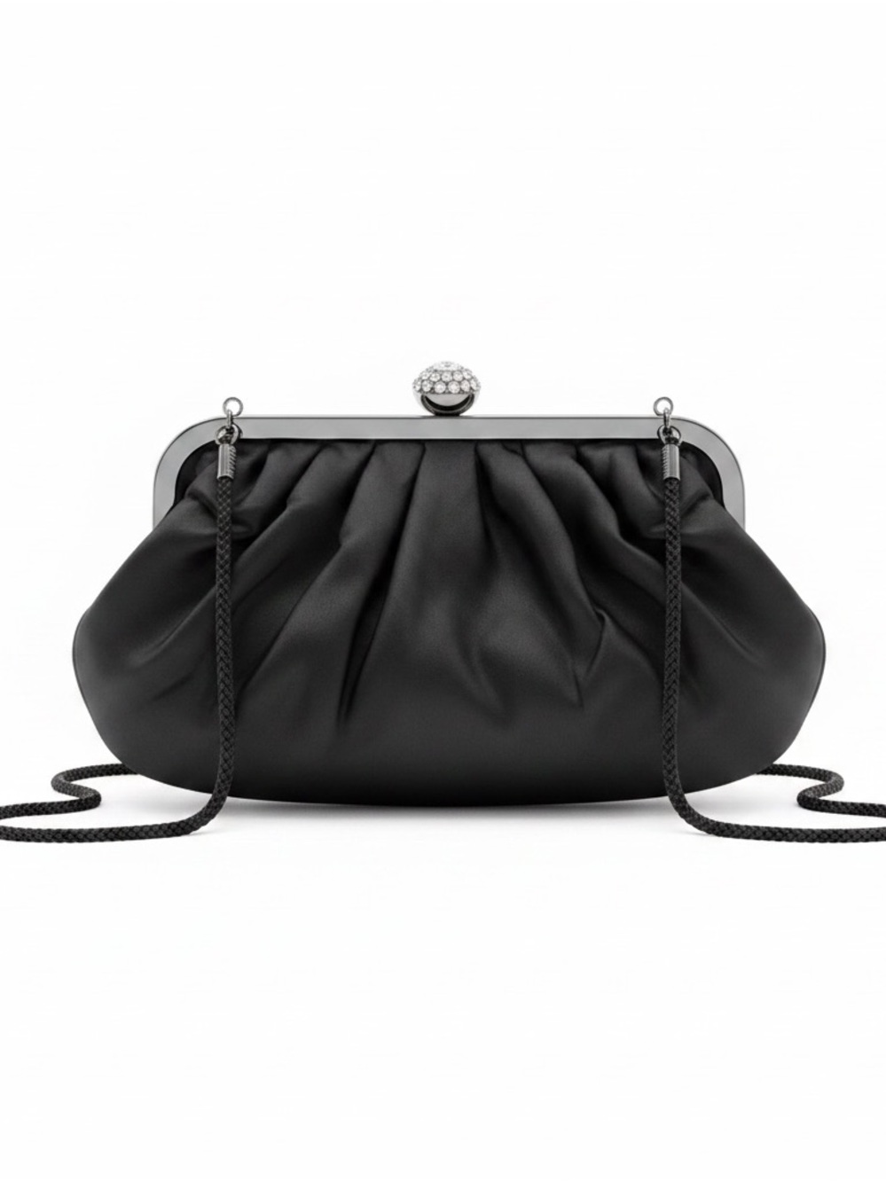 Sasha Black Satin Ruched Evening Clutch with Detachable Chain